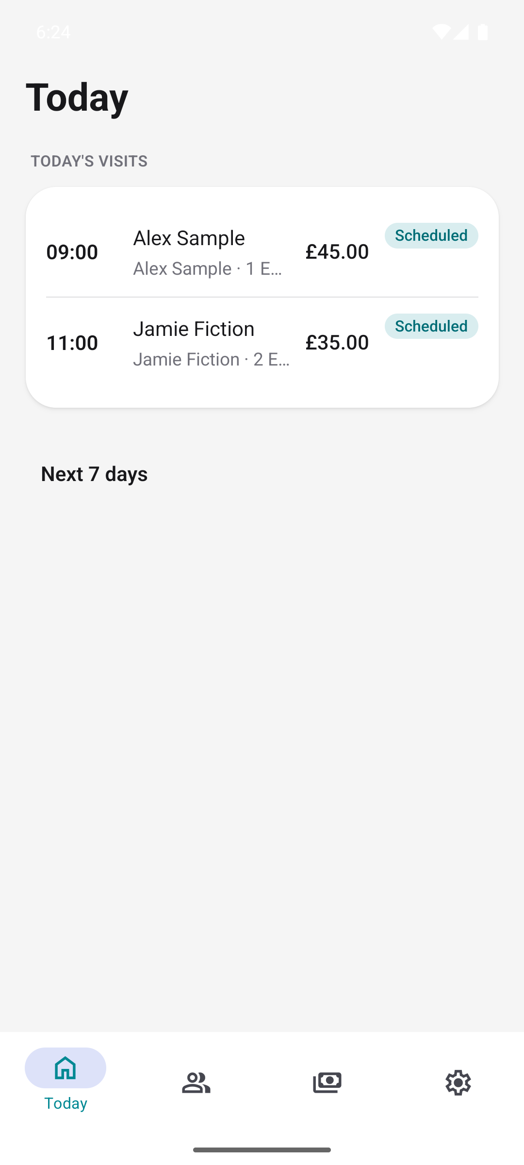 CleanRound Today screen with scheduled visits for example clients